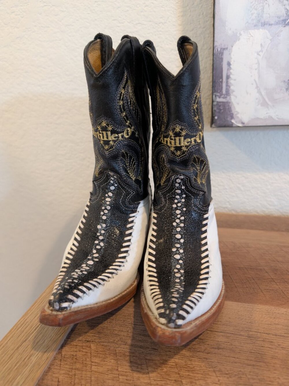 Artillero Leather Western Cowboy Boots Black White Size 19.5 (1.5 Youth) - Picture 8 of 9